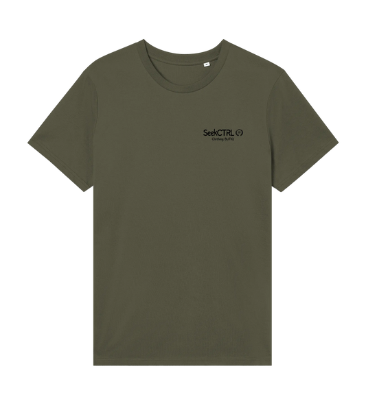 Green t-shirt with a small logo on a white background