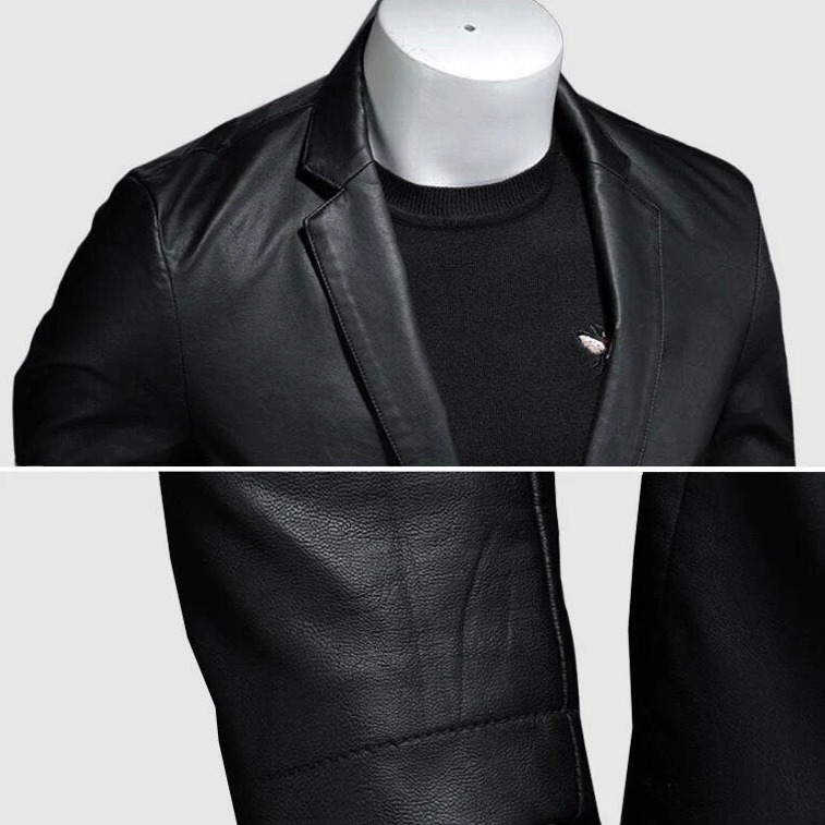 Black leather jacket on a mannequin with close-up details against a light gray background