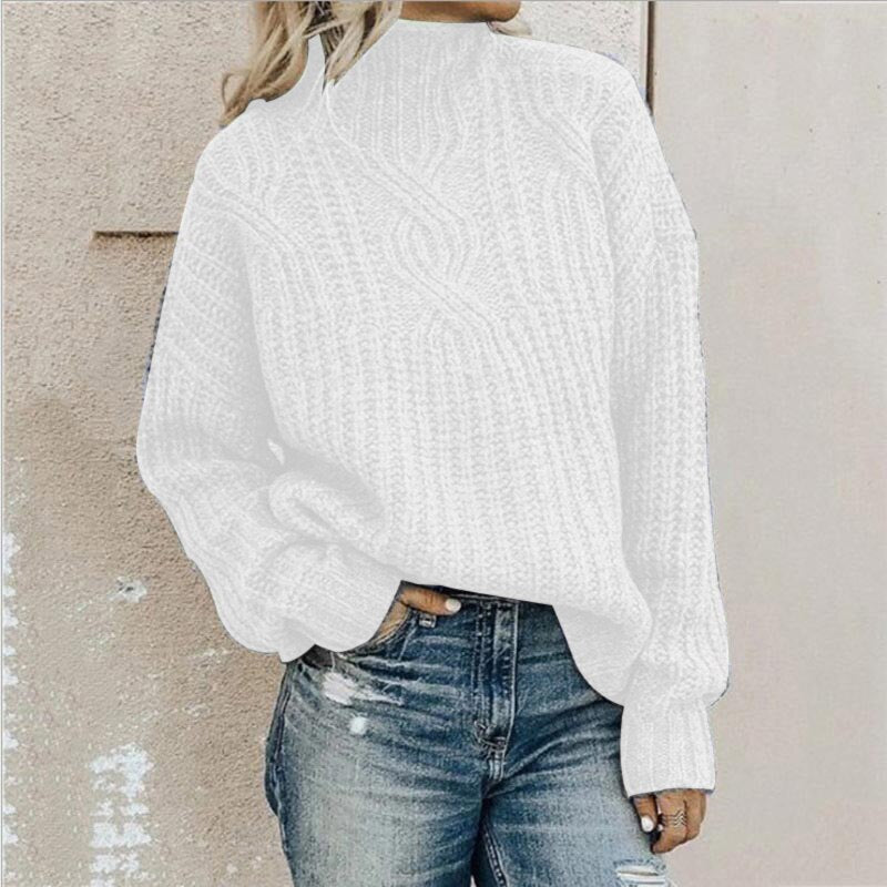 Whiteknit sweater women, turtleneck, cable knit pattern, casual, warm, autumn fashion, streetwear.