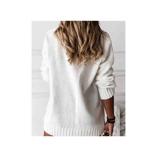 Women's V-Neck white Knit Sweater, casual, long-sleeved, fashionable, fall fashion.