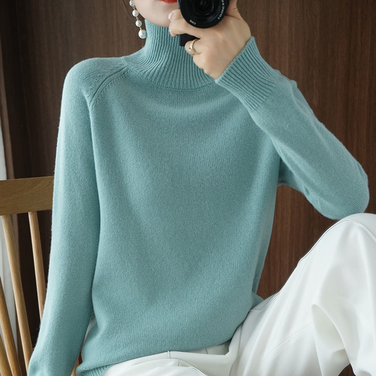 Blue turtleneck sweater for women, long sleeves, soft material, fashionable, elegant, fall fashion.