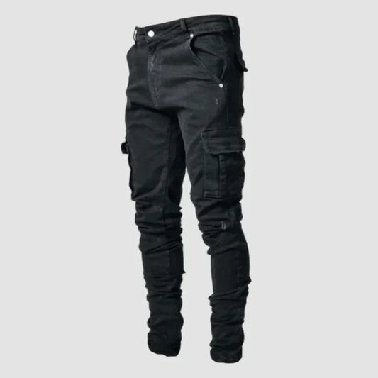 Black cargo pants on a light gray background