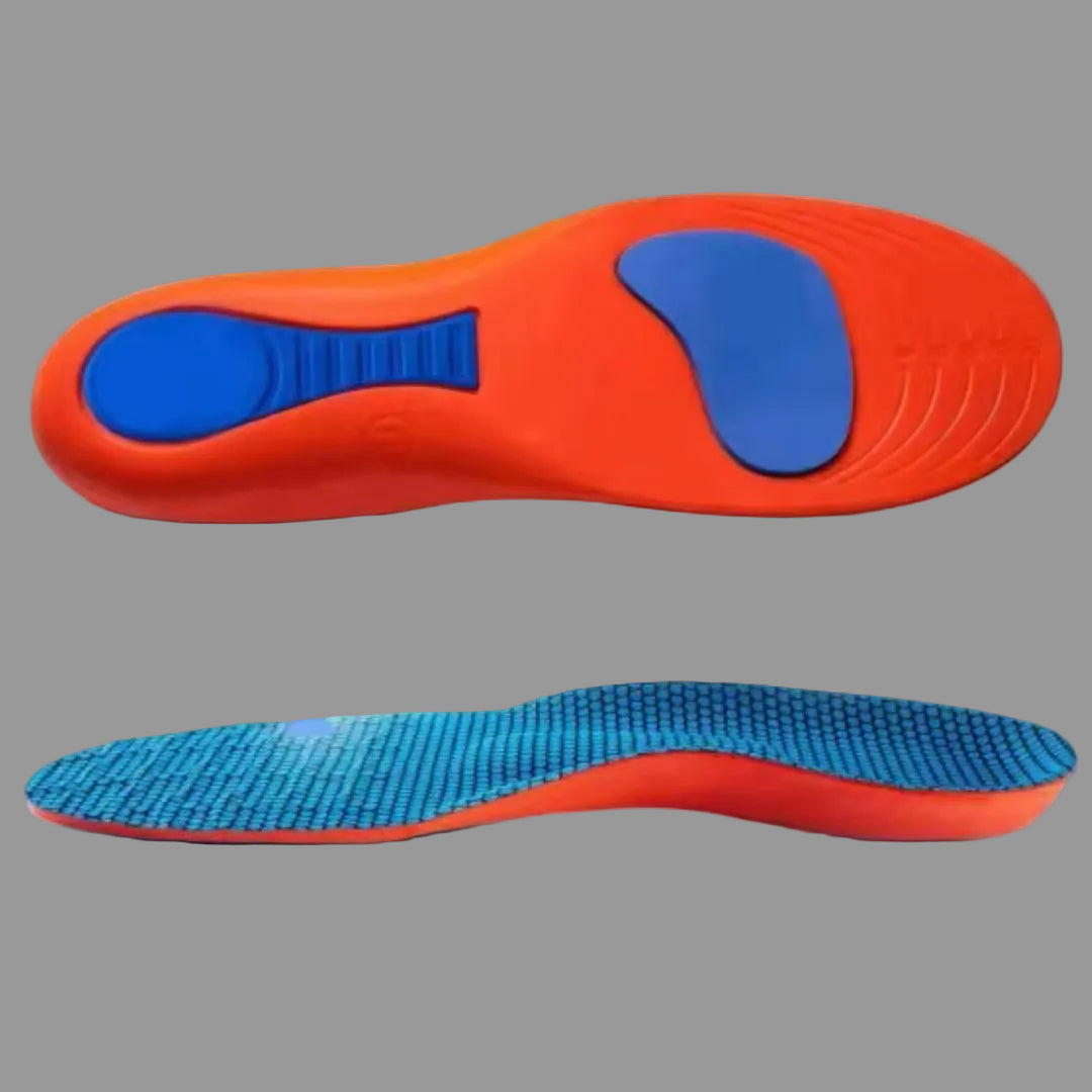 Orange and blue shoe insole with shock absorption features on a light gray background