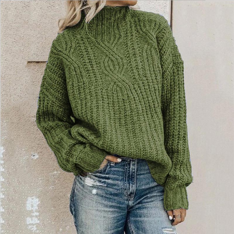 Green knit sweater women, turtleneck, cable knit pattern, casual, warm, autumn fashion, streetwear.