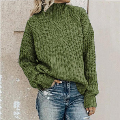 Green knit sweater women, turtleneck, cable knit pattern, casual, warm, autumn fashion, streetwear.