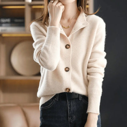 Drew | Cool lapel collar knit cardigan – structured button-up sweater SeekCTRL