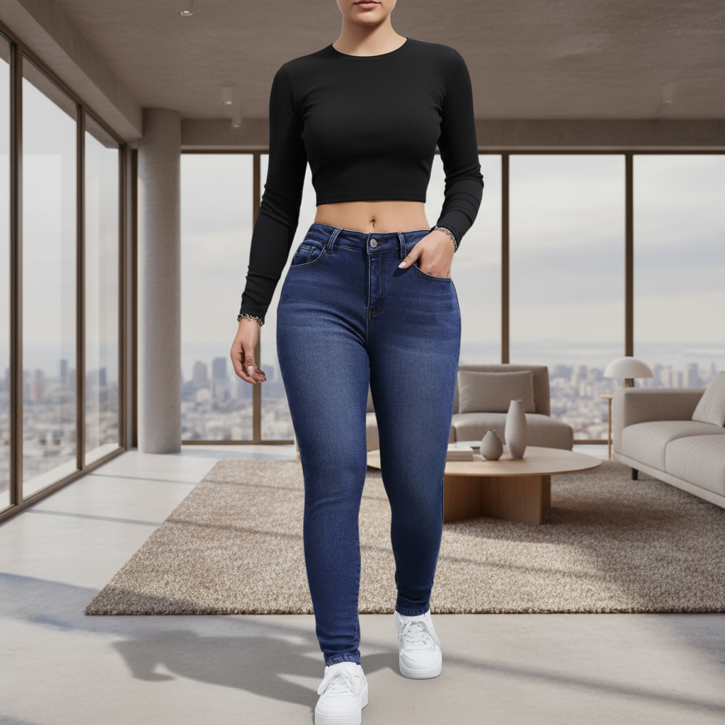 Person wearing blue jeans on a white background