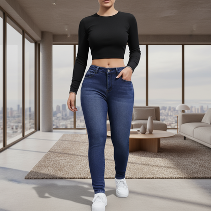 Person wearing blue jeans on a white background