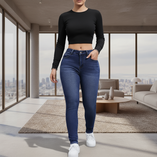 Person wearing blue jeans on a white background