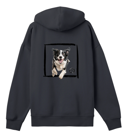 Black hoodie with a dog illustration on the back against a white background