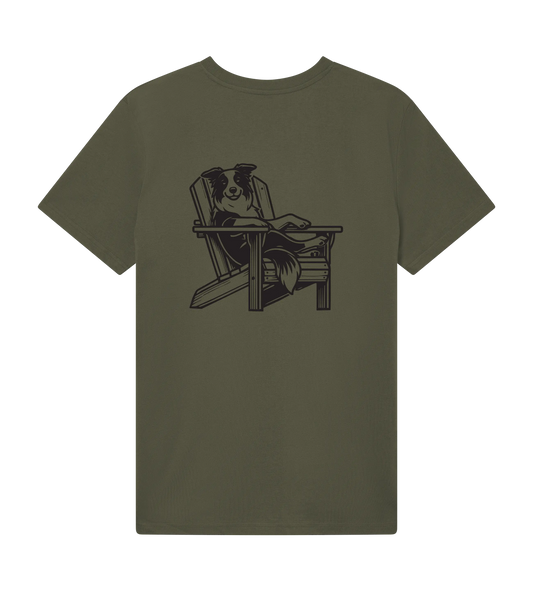 Green t-shirt with a black graphic of a person sitting on a chair on the back, on a white background