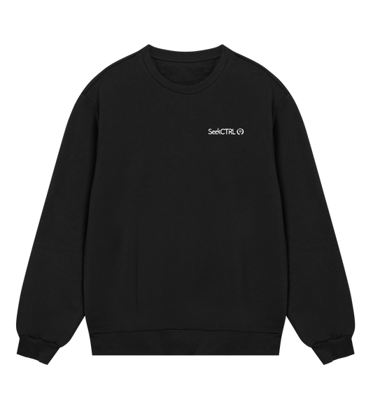 Black sweatshirt with a logo on the chest against a white background