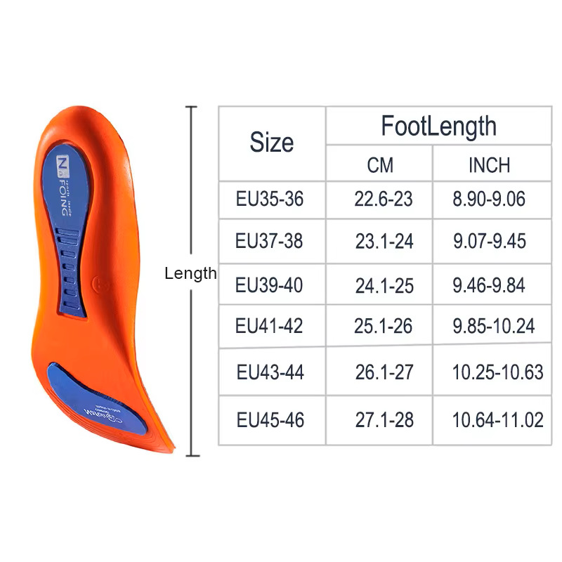 Orange insole with blue accents and a size chart on a white background