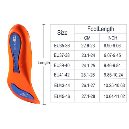 Orange insole with blue accents and a size chart on a white background