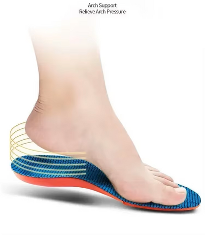 Blue and orange arch support insole on a foot with text 'Arch Support Relieve Arch Pressure'.