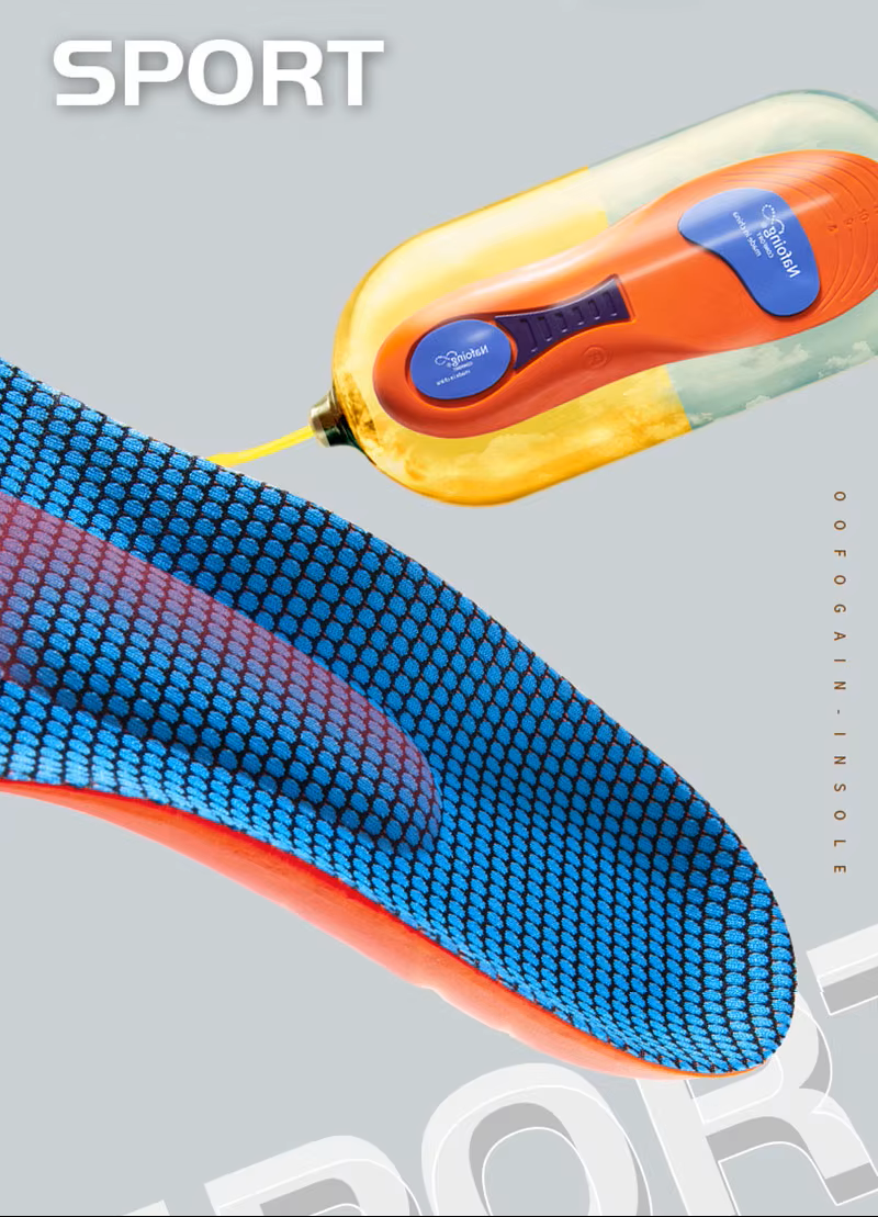 Insole with blue and orange design and a pump on a gray background