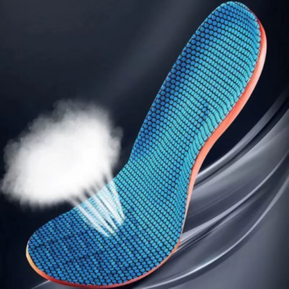 Blue shoe insole with a white cloud-like substance on a dark background