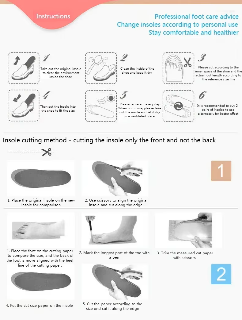 Instructions for cutting shoe insoles with step-by-step diagrams and text.