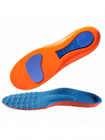 Orange and blue shoe insoles on a white background