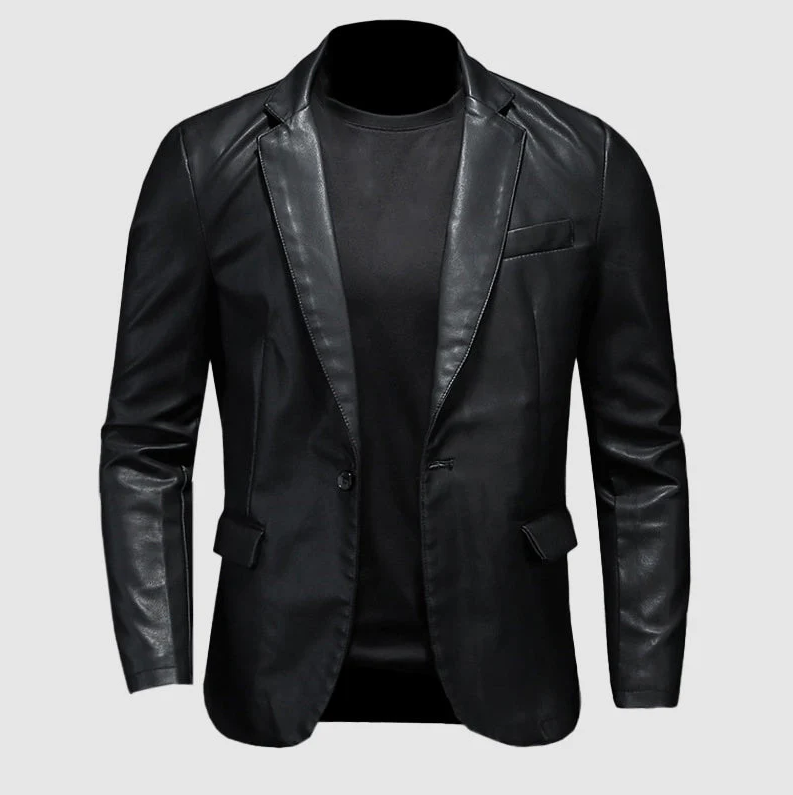 Black blazer with leather sleeves on a light gray background
