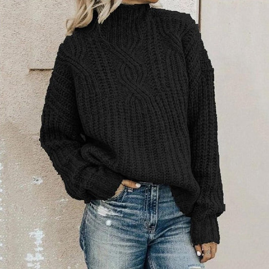 Black knit sweater women, turtleneck, cable knit pattern, casual, warm, autumn fashion, streetwear.