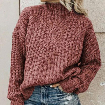 Pink knit sweater women, turtleneck, cable knit pattern, casual, warm, autumn fashion, streetwear.