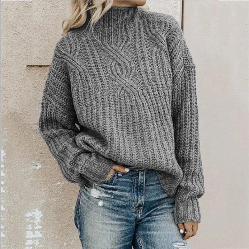 Gray knit sweater women, turtleneck, cable knit pattern, casual, warm, autumn fashion, streetwear.