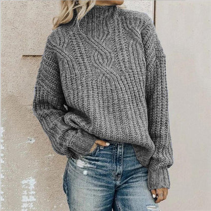 Gray knit sweater women, turtleneck, cable knit pattern, casual, warm, autumn fashion, streetwear.