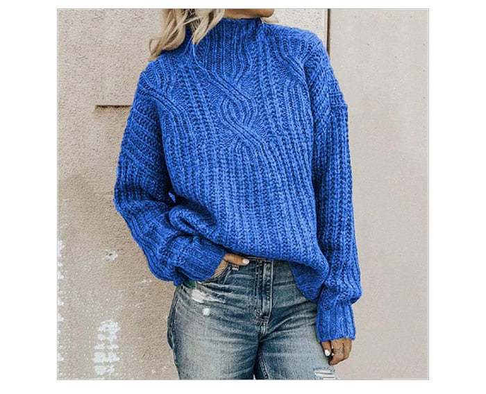 Blue knit sweater women, turtleneck, cable knit pattern, casual, warm, autumn fashion, streetwear.