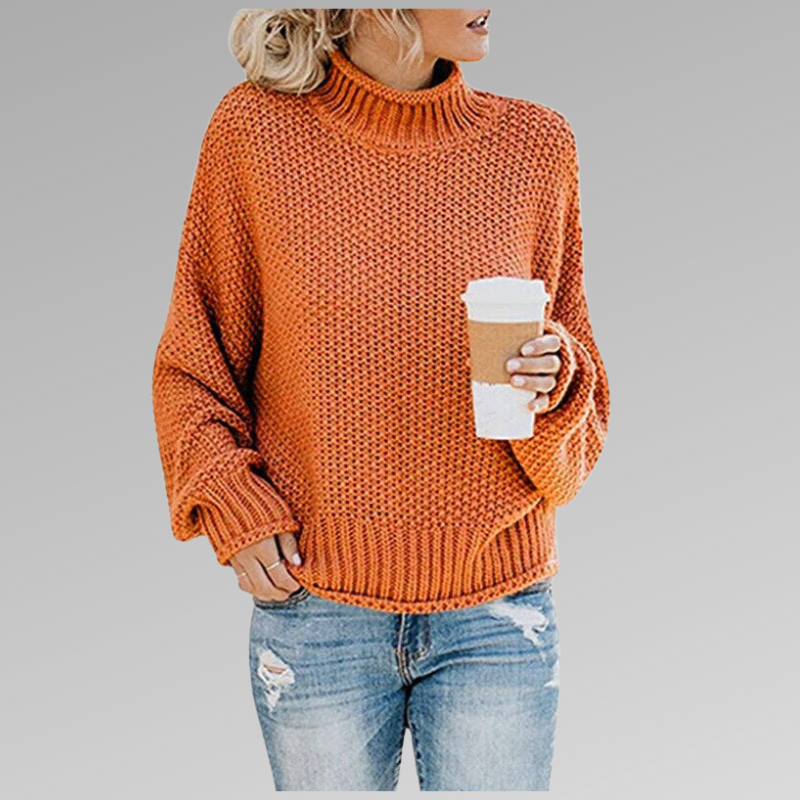 Woman in orange knit sweater with coffee mug, casual fashion, autumn outfit.