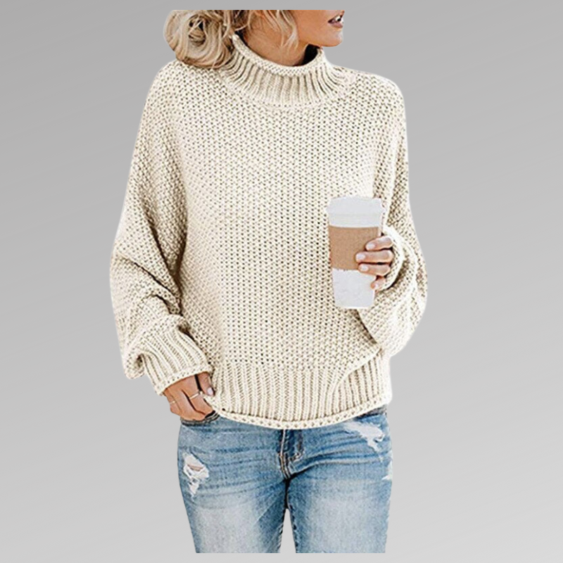 Woman in white knit sweater with coffee mug, casual fashion, autumn outfit.