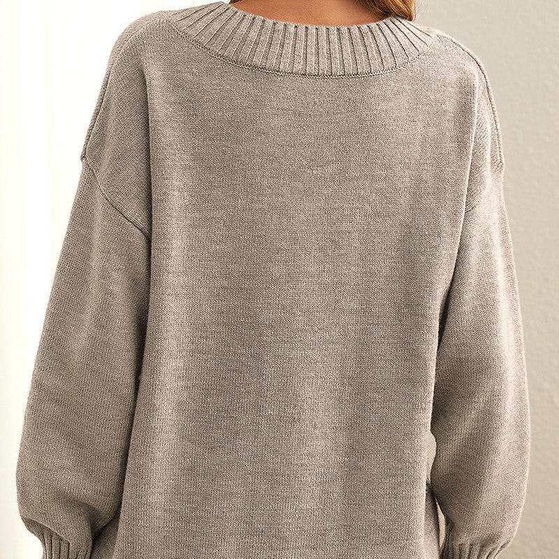 Women's V-Neck Beige Knit Sweater, casual, long-sleeved, fashionable, fall fashion.