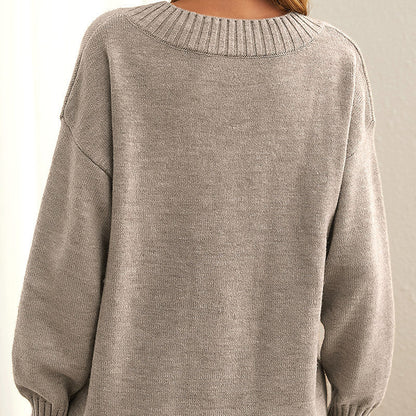 Women's V-Neck Beige Knit Sweater, casual, long-sleeved, fashionable, fall fashion.