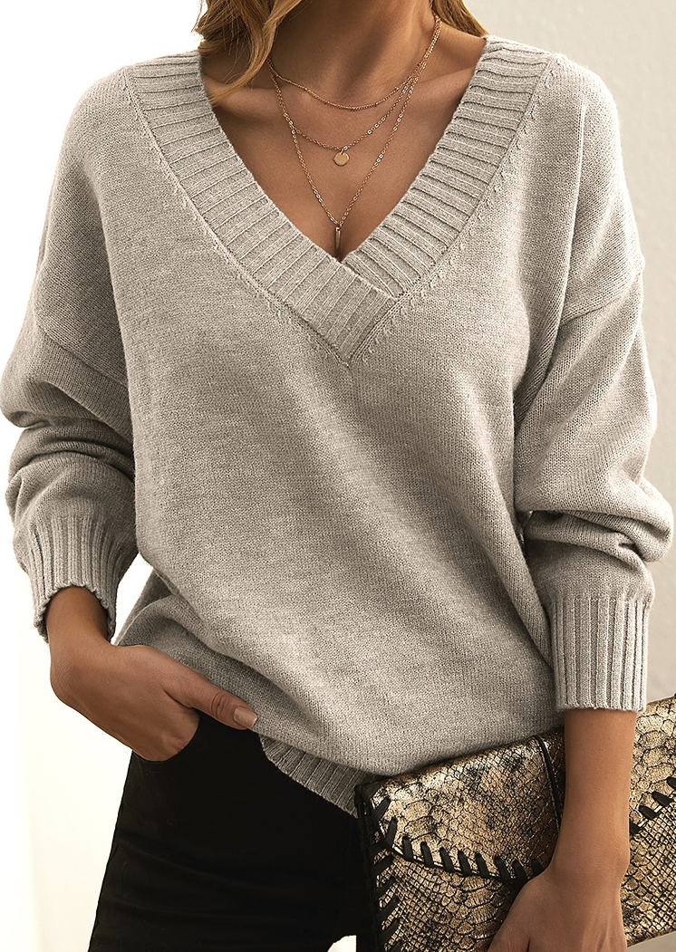 Women's V-Neck Beige Knit Sweater, casual, long-sleeved, fashionable, fall fashion.