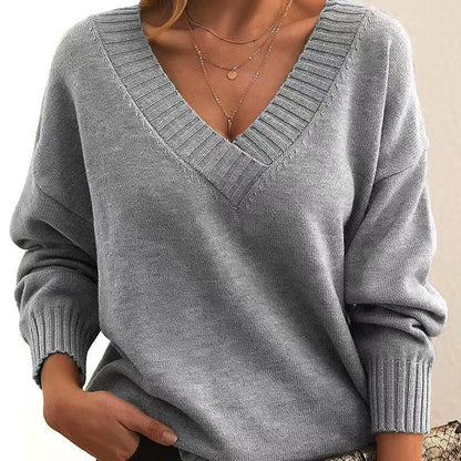 Women's V-Neck gray Knit Sweater, casual, long-sleeved, fashionable, fall fashion.
