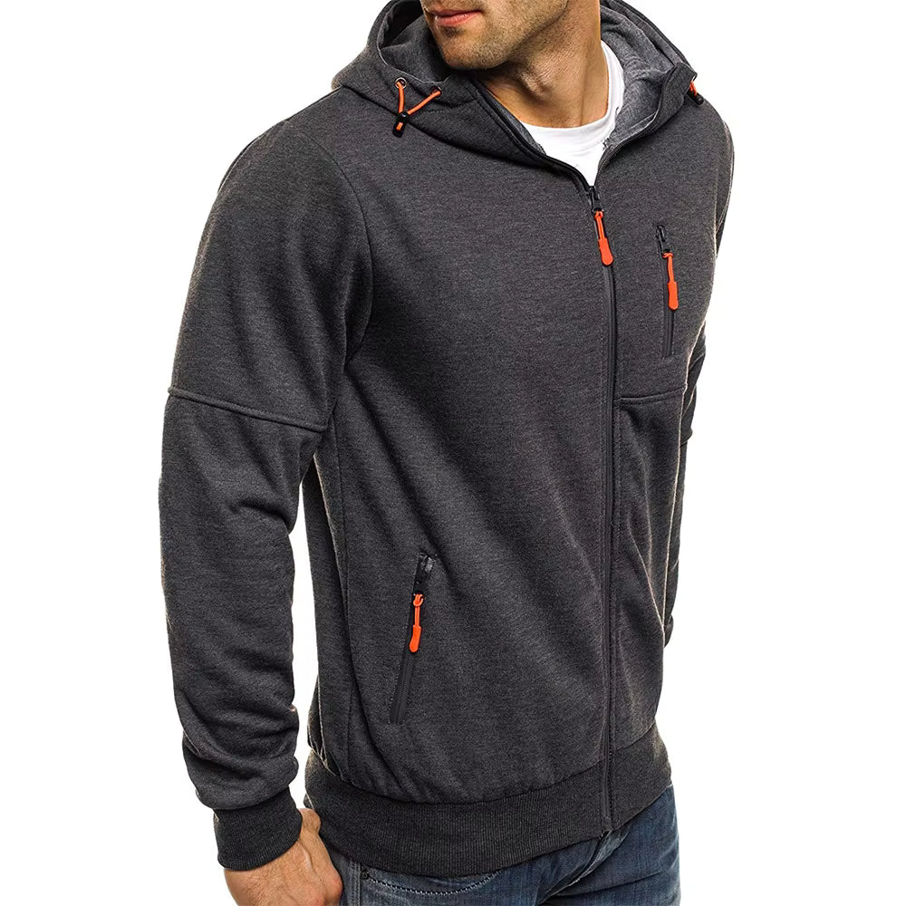 Dark gray hoodie with orange zippers on a white background
