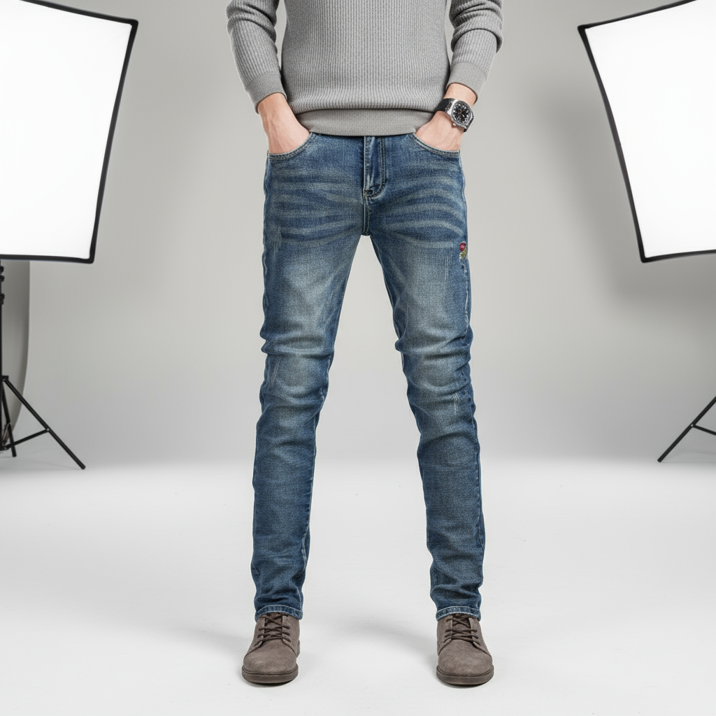 Person wearing blue jeans against a gray background