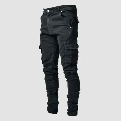 Black cargo pants on a light gray background