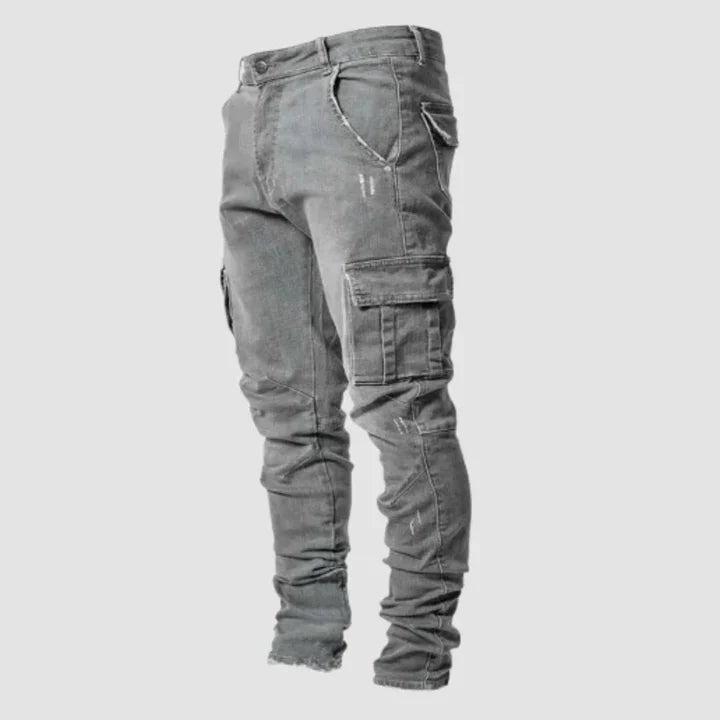 Gray cargo pants on a light gray background