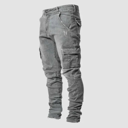 Gray cargo pants on a light gray background
